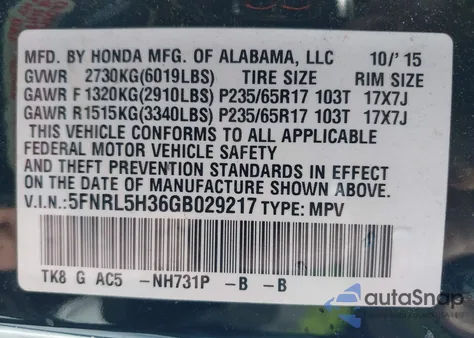2016 Honda Odyssey Se z USA, uszkodzony, nr VIN 5FNRL5H36GB029217